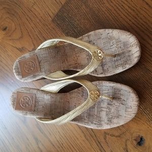 Tory Burch gold strappped Suzy cork wedge in Women's size 9M.